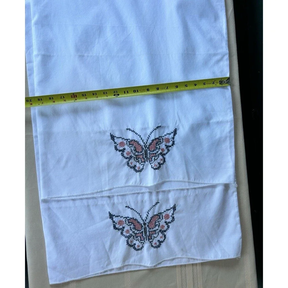 Vintage Cross Stitch Pillowcases Hand Embroidered Butterfly White 2 Pr Cottage